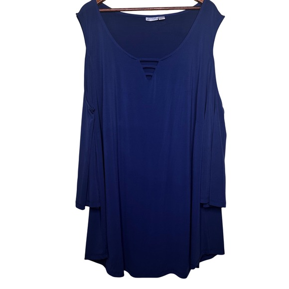 Avenue Tops - Avenue Womens 2X Blue Cold Shoulder Tunic Top Lattice Neck 3/4 Sleeve Blouse